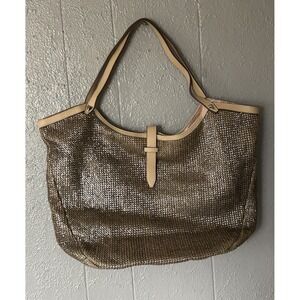 Stella Dot Tote Handbag Riviera Metallic Blush Straw Leather Handles Boho